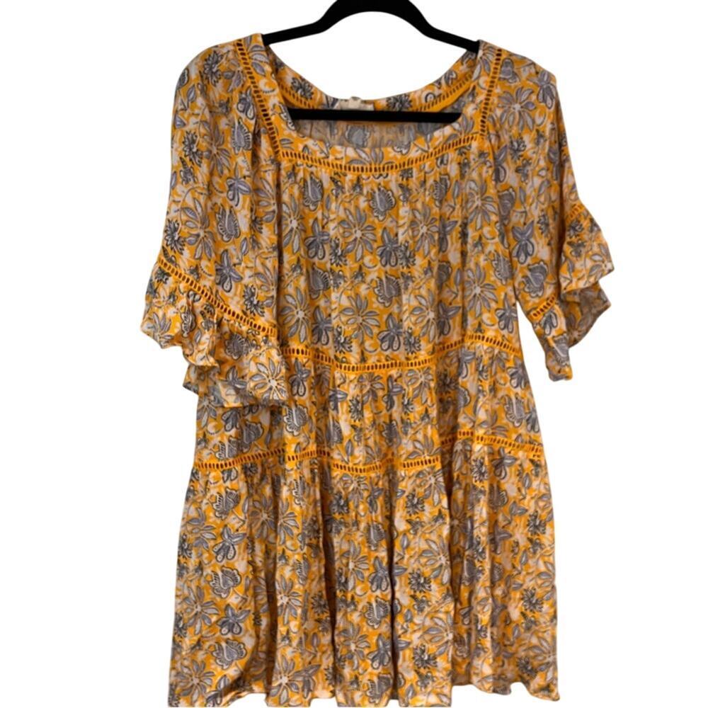 Celina Moon Yellow Boho Puff Sleeve Mini Babydoll Dress Small